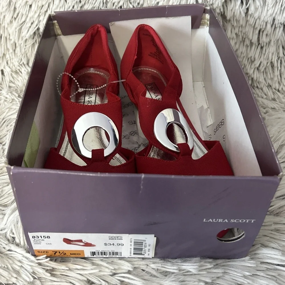 Laura Scott Red Open-Toe Wedge Sandals with Silver Accent